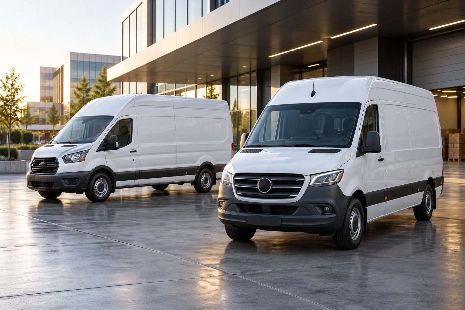 White cargo vans at a modern delivery terminal