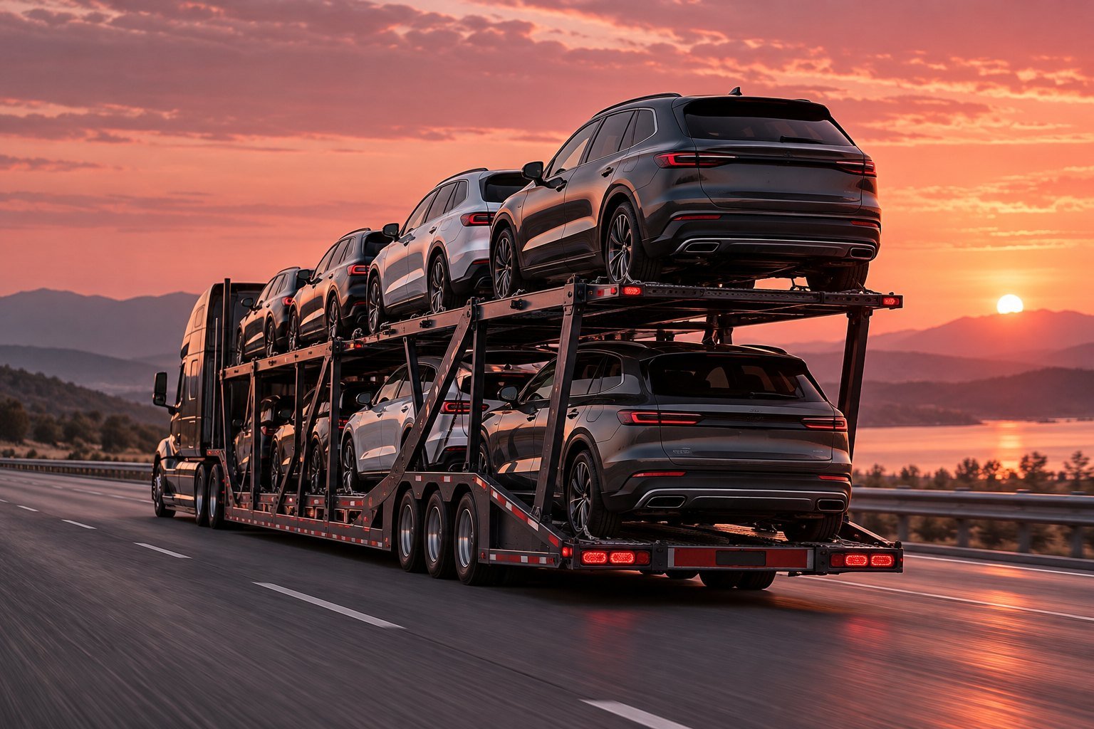 Professional car hauler trailer carrying vehicles